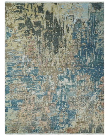 Alfombra de lana abstracta moderna multicolor anudada a mano de 23 x 30 cm | AGR34