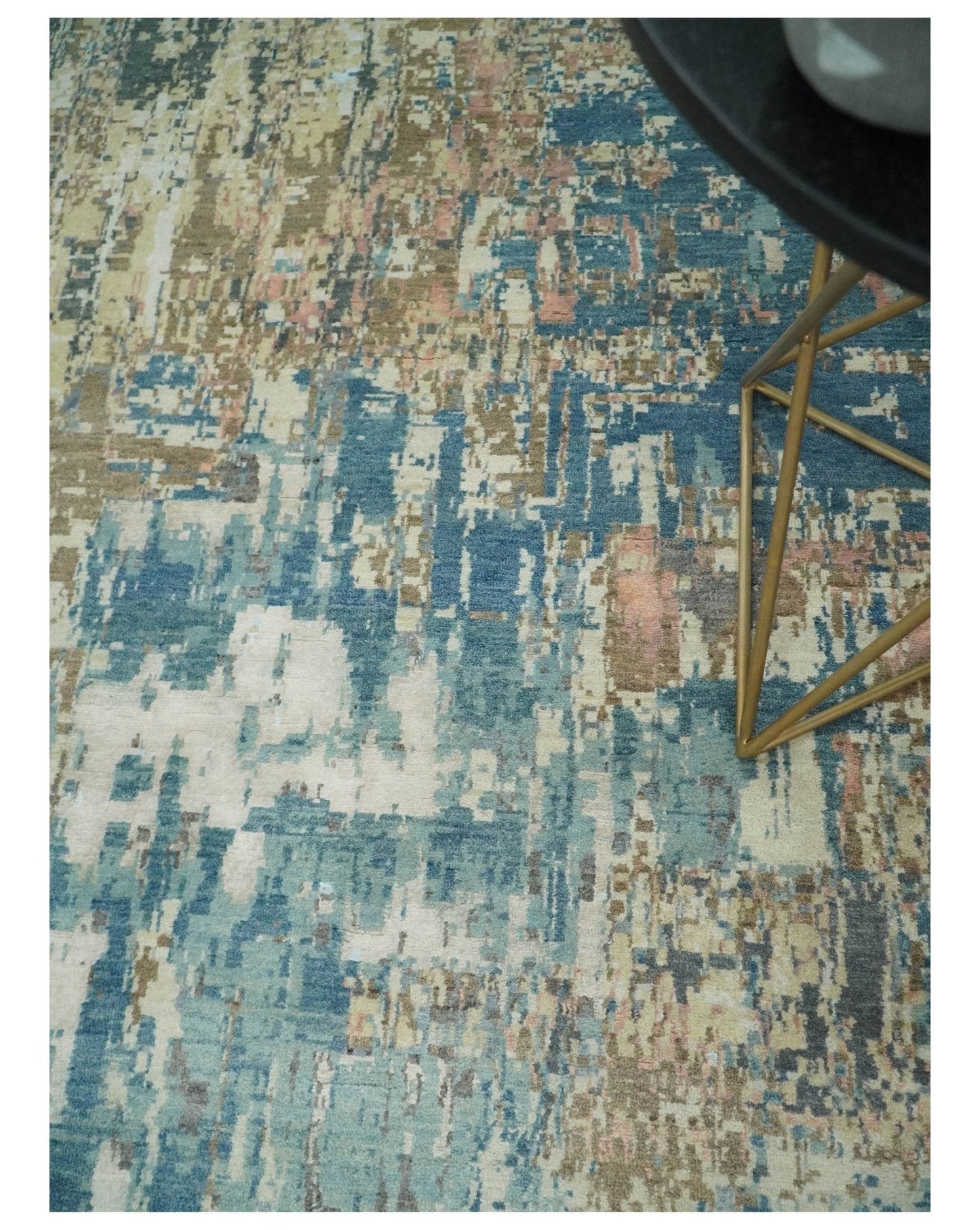 Alfombra de lana abstracta moderna multicolor anudada a mano de 23 x 30 cm | AGR34