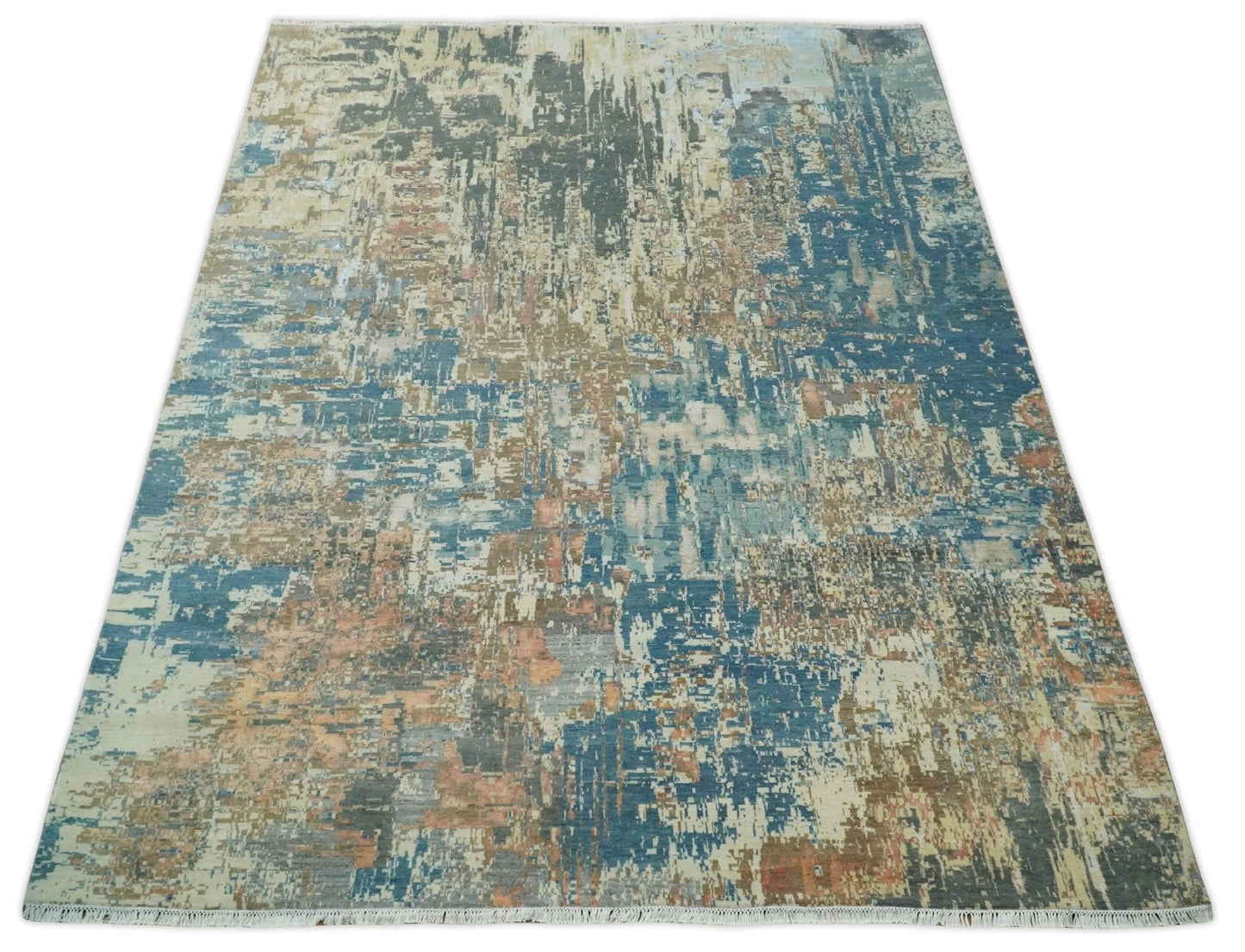 Alfombra de lana abstracta moderna multicolor anudada a mano de 23 x 30 cm | AGR34