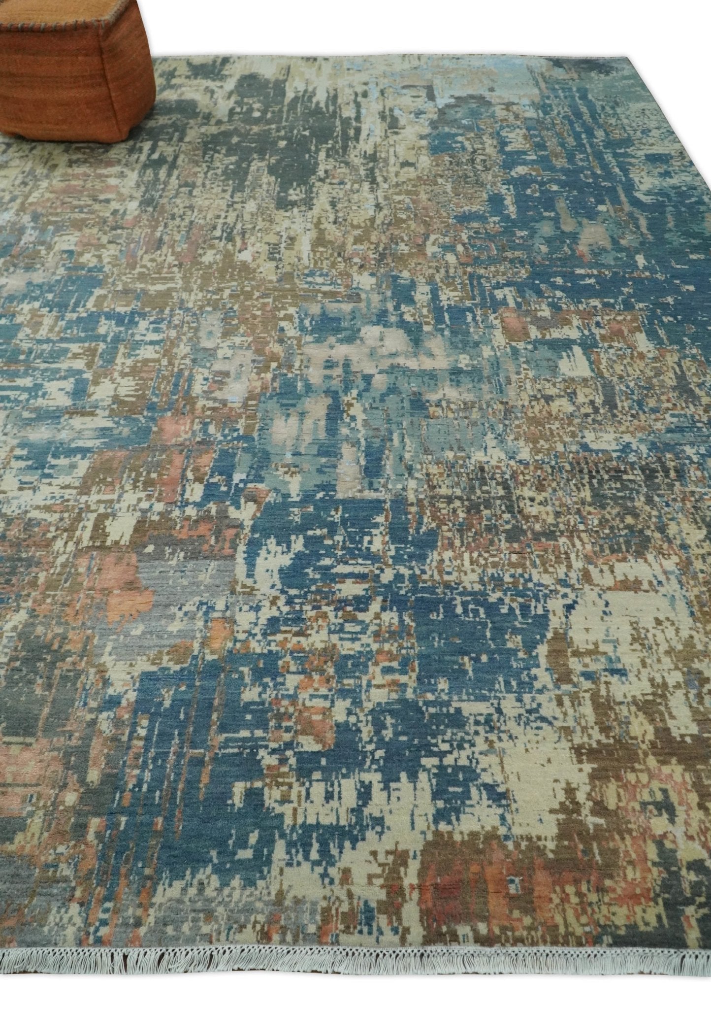 Alfombra de lana abstracta moderna multicolor anudada a mano de 23 x 30 cm | AGR34