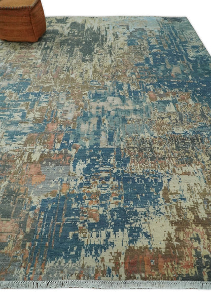Alfombra de lana abstracta moderna multicolor anudada a mano de 23 x 30 cm | AGR34