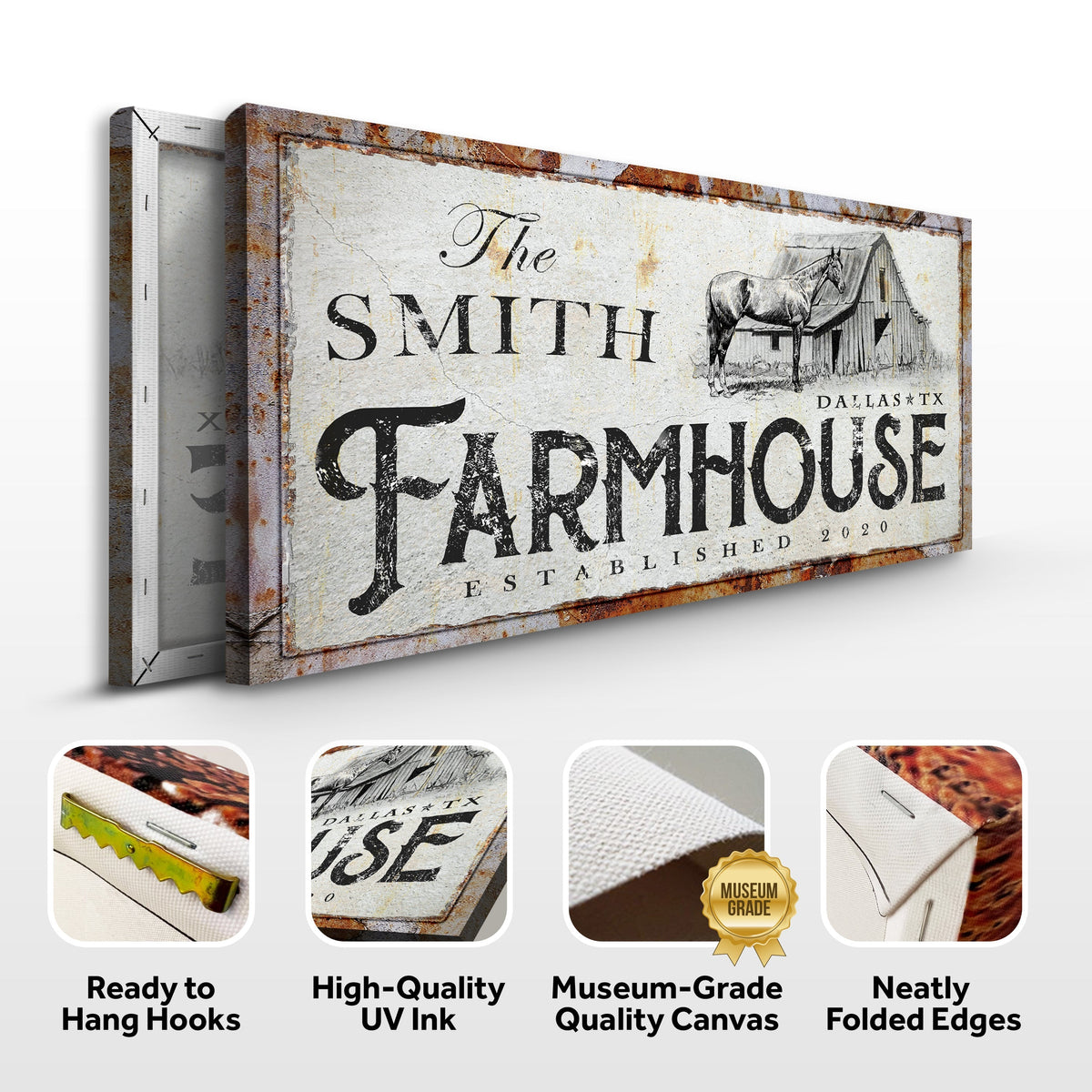 Rustic Horse Farmhouse Sign canvas by Tailored Canvases horse and barn image on backdrop on Tampa Home & Garden Store