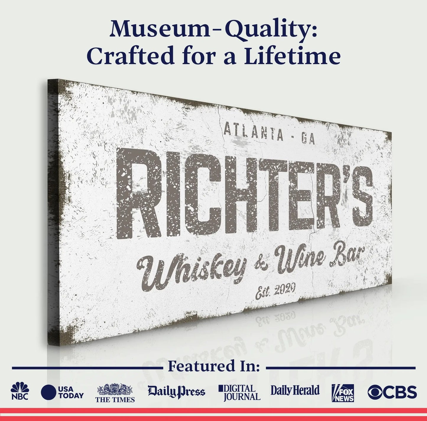 Whiskey and Wine Bar canvas sign by Tailored Canvases with distressed vintage finish on Tampa Home & Garden Store