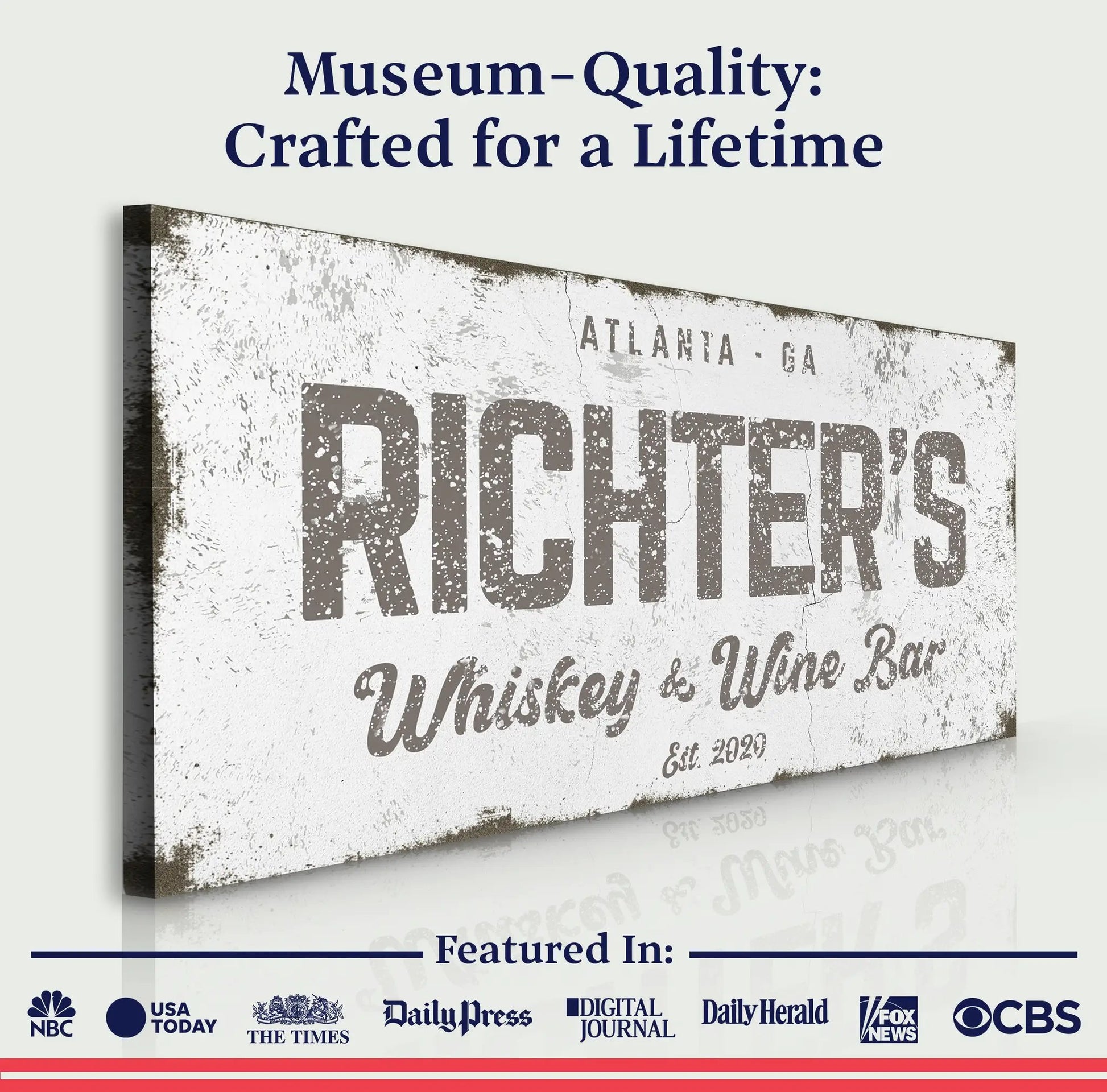 Whiskey and Wine Bar canvas sign by Tailored Canvases with distressed vintage finish on Tampa Home & Garden Store