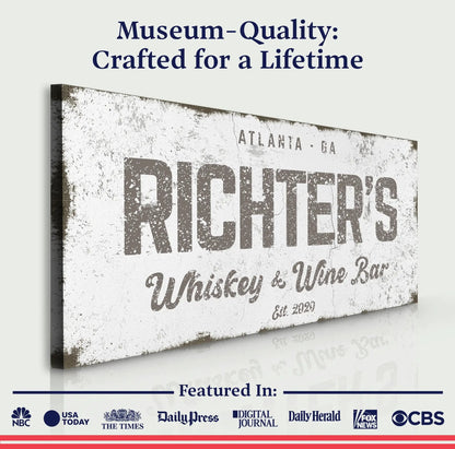 Whiskey and Wine Bar canvas sign by Tailored Canvases with distressed vintage finish on Tampa Home & Garden Store