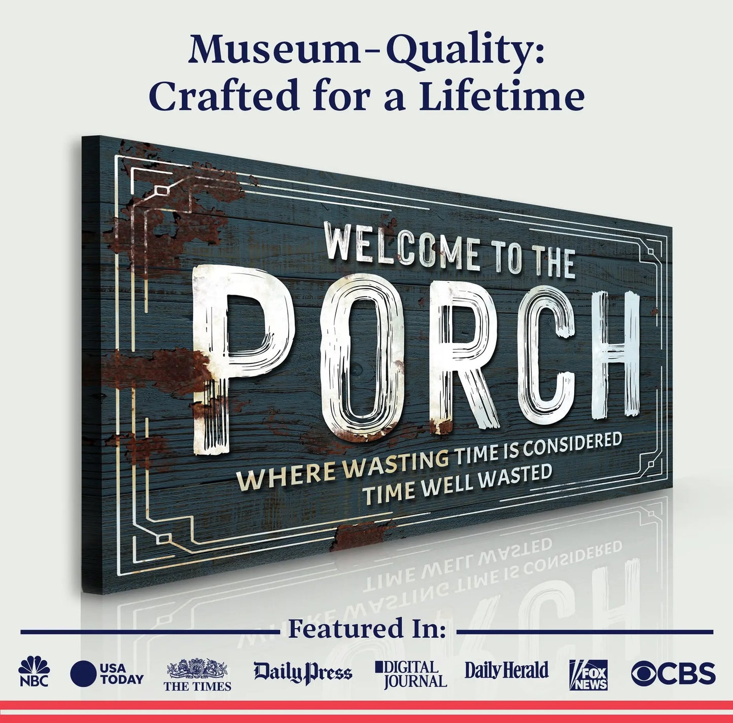 Canvas Welcome To The Porch Sign by Tailored Canvases, blue wood with weathered lettering on Tampa Home & Garden Store