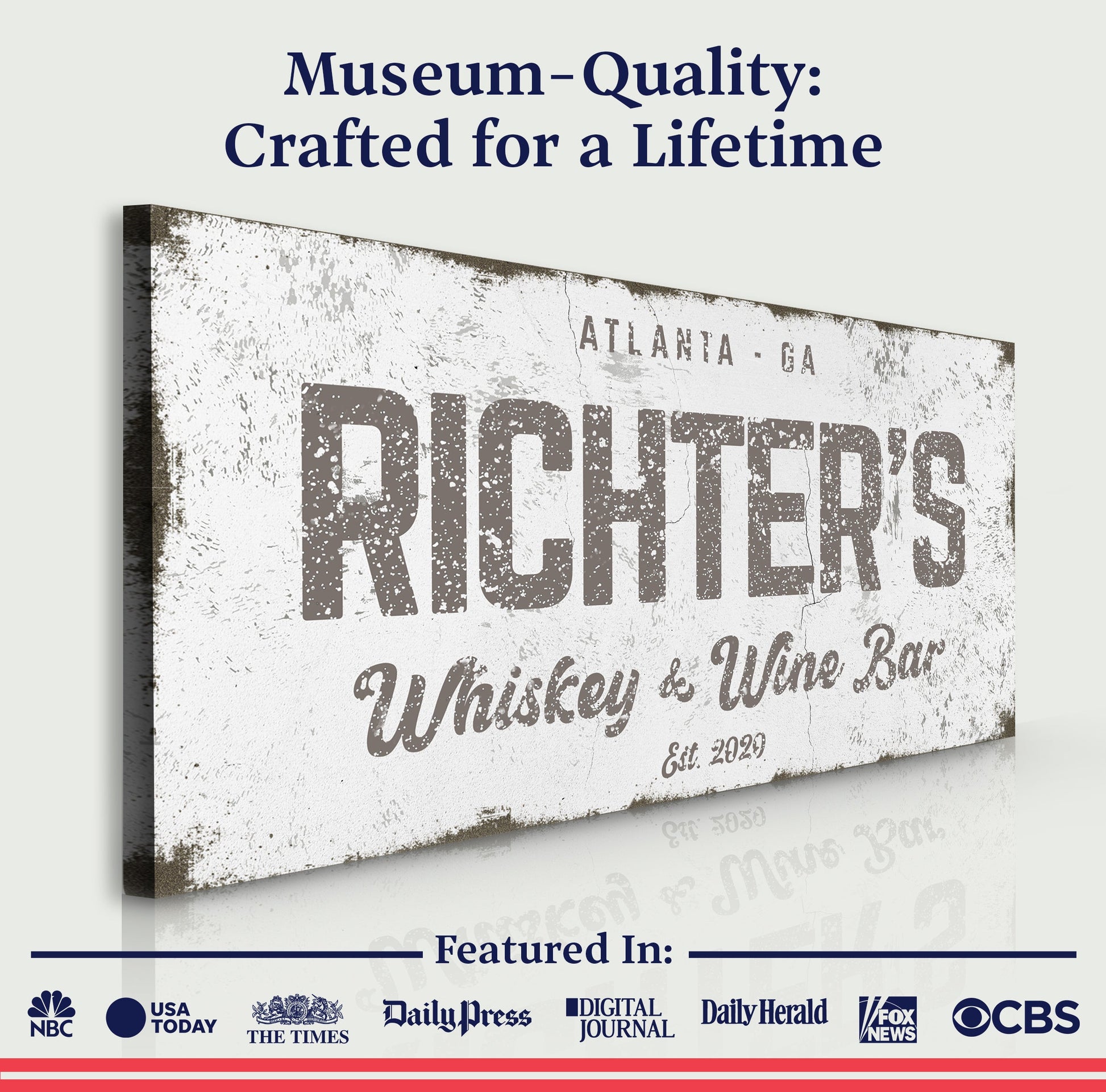 Canvas sign personalized with distressed whiskey & wine bar lettering for home bar on Tampa Home & Garden Store