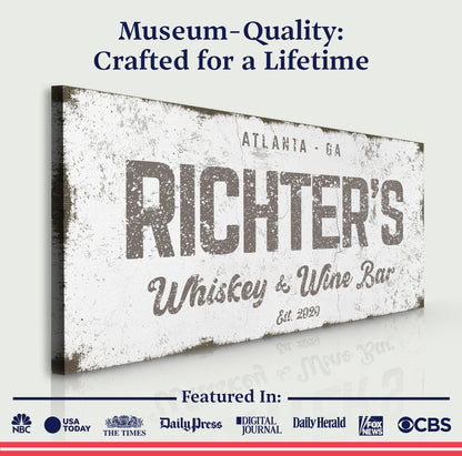 Canvas sign personalized with distressed whiskey & wine bar lettering for home bar on Tampa Home & Garden Store