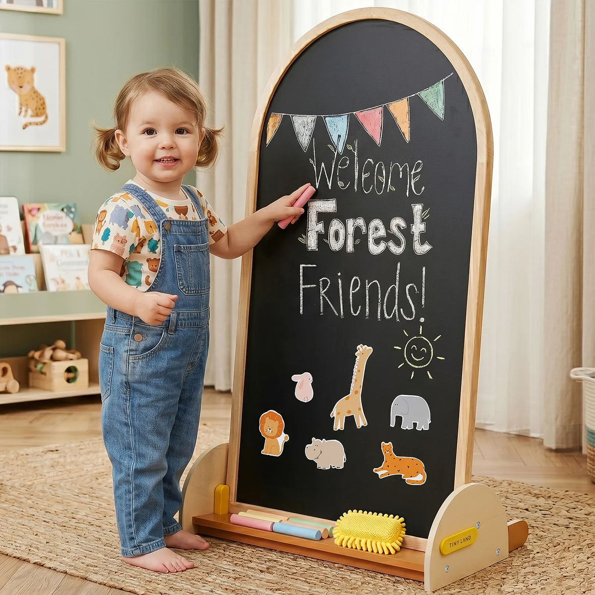 Tiny Land INC double-sided arched magnet chalkboard on a wooden rolling easel with chalk sticks on Tampa Home & Garden Store