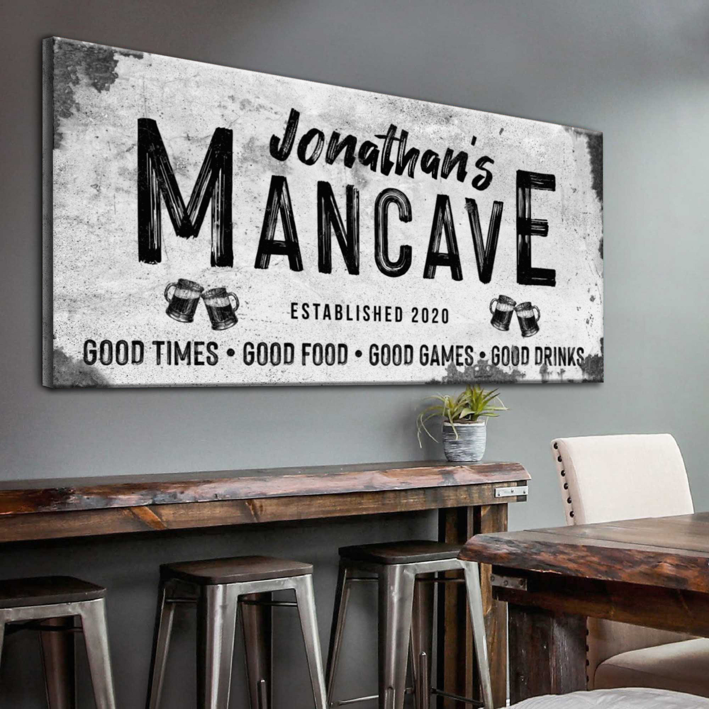 Canvas Good Times Man Cave III by Tailored Canvases, distressed white canvas with bold lettering on Tampa Home & Garden Store