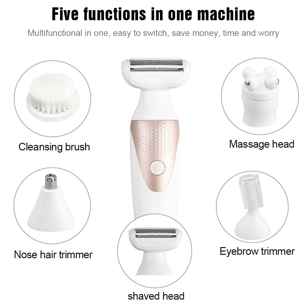 5 In 1 Electric Shaver Waterproof Razor Shaving Machine Women Hair Leg Bikini Depilation Trimmer Depilatory Hair Remover - Tampa Home & Garden Store