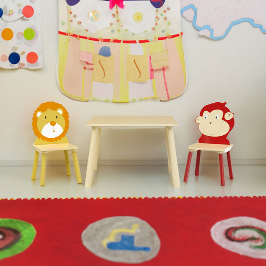 Kids Table and 2 Chairs Set 3 Pieces Toddler Table and Chair Set Wooden Activity Play Table Set (Lion&Monkey)