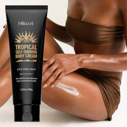 Self-tanning body cream by Silcy Skin in a black tube with tropical sun logo for daily use on face and body on Tampa Home & Garden Store