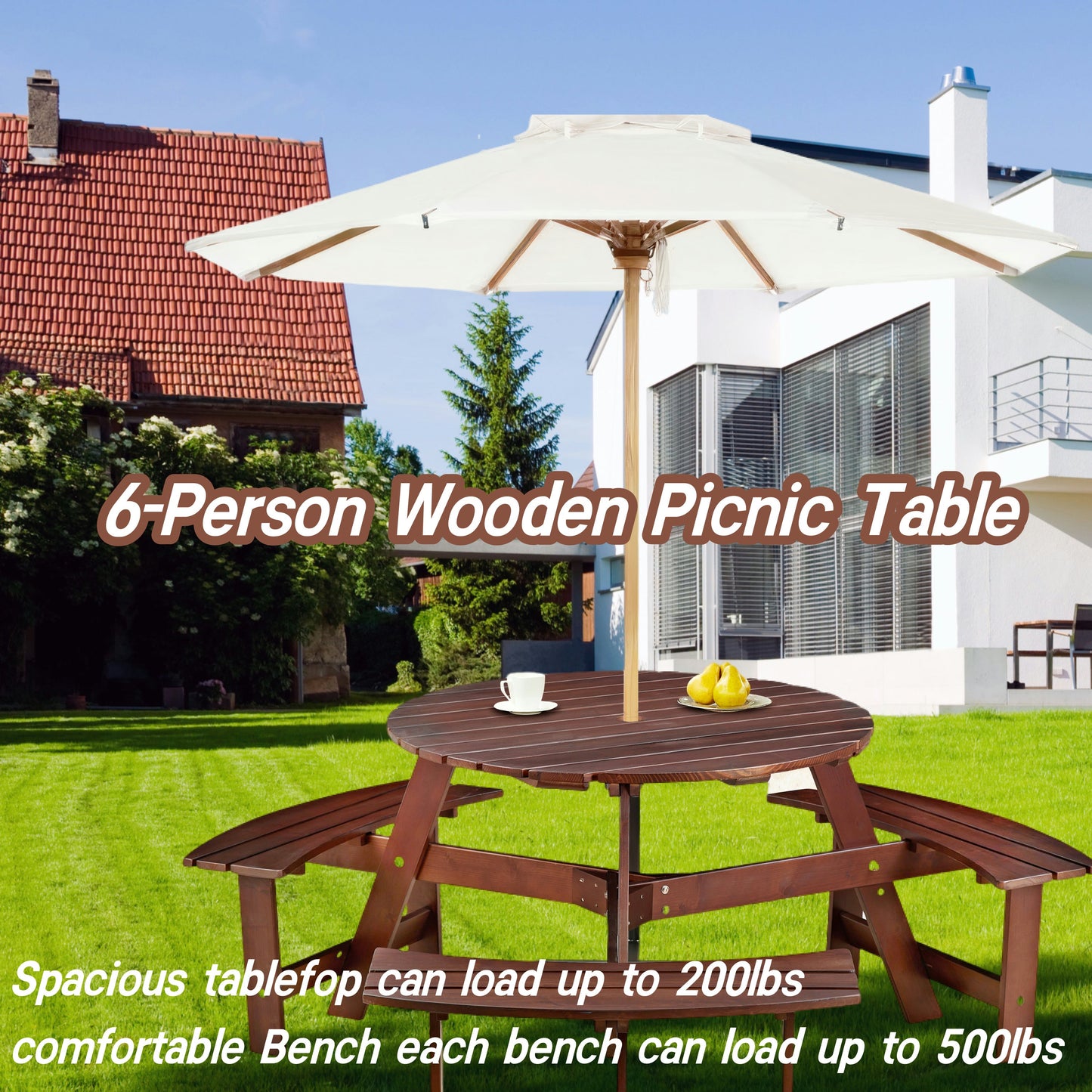 6-person circular picnic table with 3 built-in benches, umbrella holes, outdoor tables and chairs brown bench set - Tampa Home & Garden Store