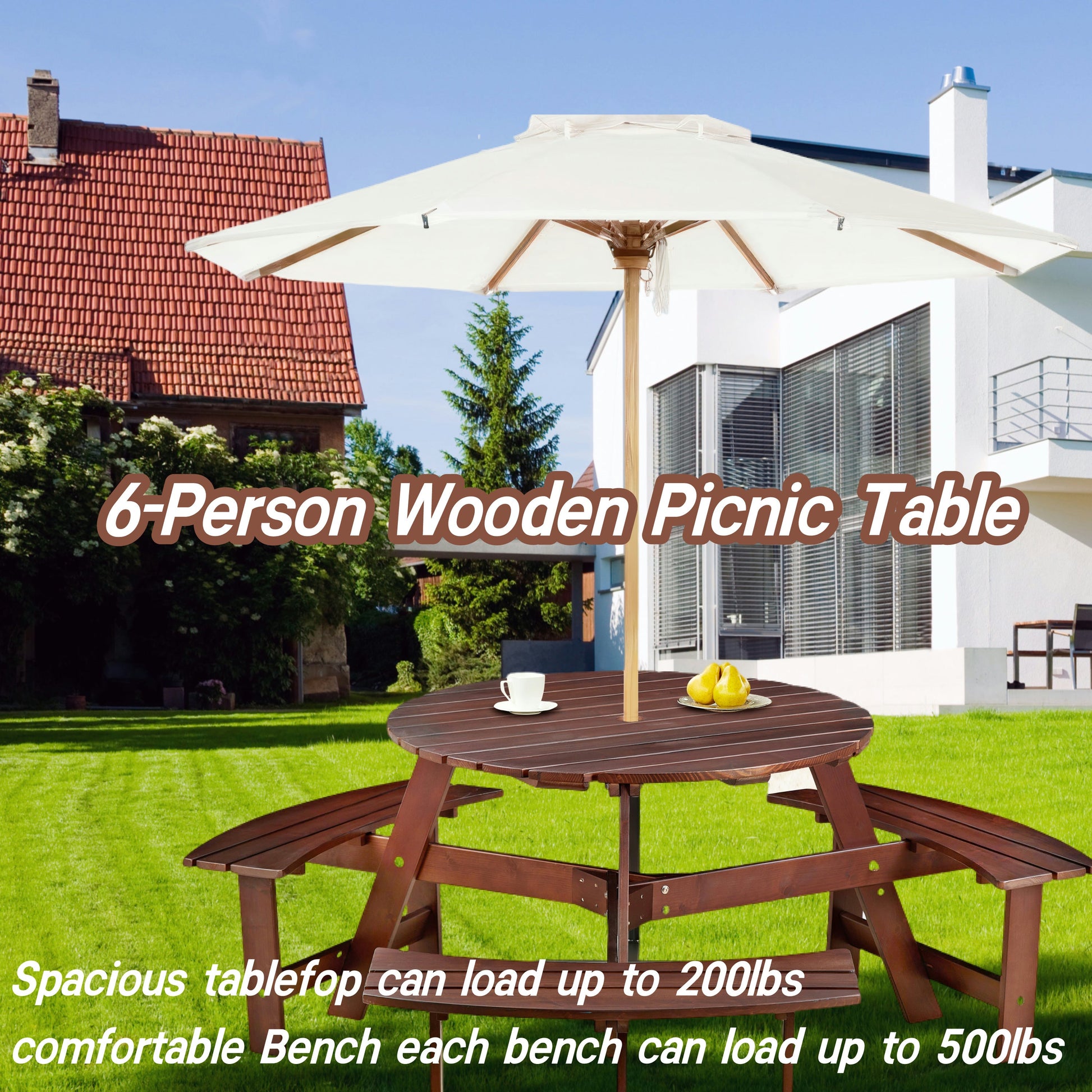 6-person circular picnic table with 3 built-in benches, umbrella holes, outdoor tables and chairs brown bench set - Tampa Home & Garden Store
