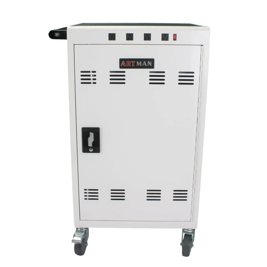 Mobile charging cart and cabinet for tablets, gray metal with 5 front outlets and ARTMAN logo, on Tampa Home & Garden Store