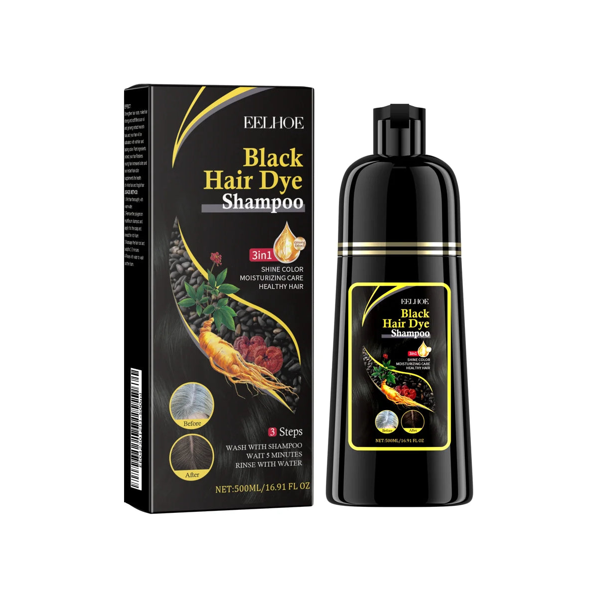 EELHOE Black Hair Dye Shampoo bottle and box set, black bottle with gold band, 500ml on Tampa Home & Garden Store