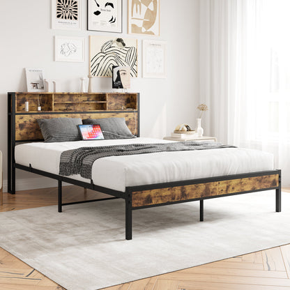 Queen Bed Frame with Storage Headboard Metal Platform Bed with Charging Station Bookcase Storage Black - Tampa Home & Garden Store
