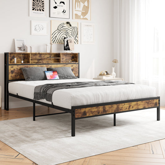 Queen Bed Frame with Storage Headboard Metal Platform Bed with Charging Station Bookcase Storage Black - Tampa Home & Garden Store