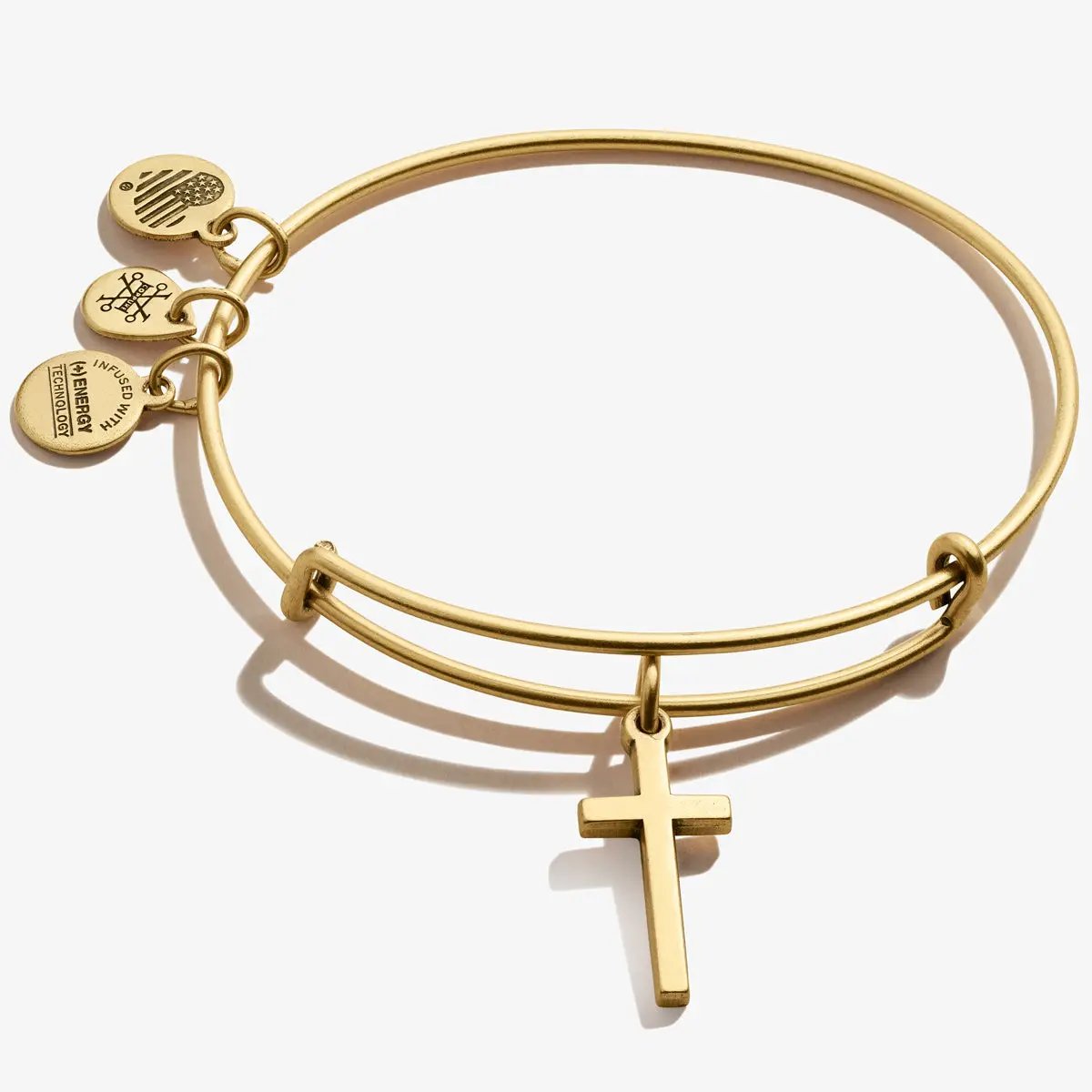 Cross Charm Bangle by ALEX AND ANI gold-tone bracelet with cross charm and three round charms on Tampa Home & Garden Store