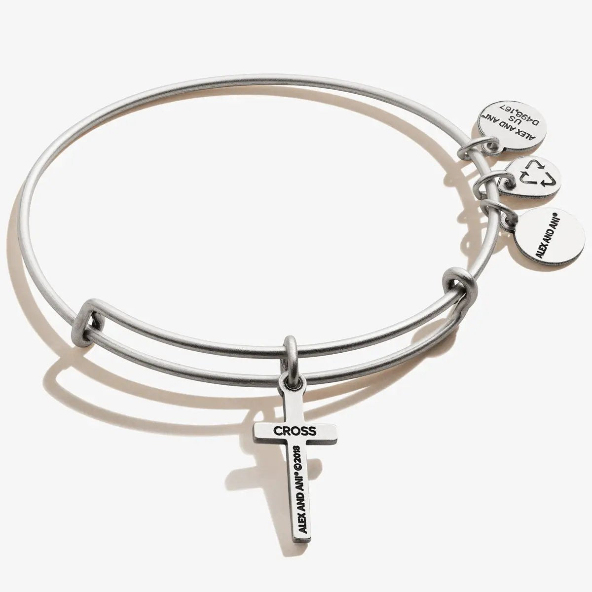 Cross Charm Bangle bracelet in silver tone with double-band cross pendant and ALEX AND ANI discs on Tampa Home & Garden Store