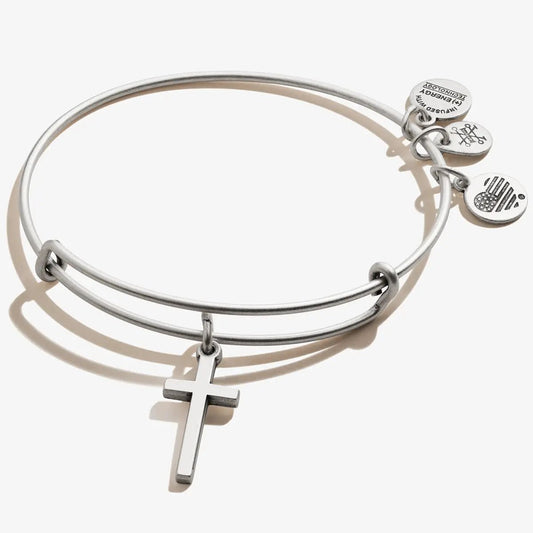 Cross Charm Bangle bracelet by ALEX AND ANI, silver-tone double-band with cross and three discs on Tampa Home & Garden Store