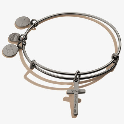 Cross Charm Bangle by ALEX AND ANI, gunmetal tone with beige leather wrap and disc charms on Tampa Home & Garden Store