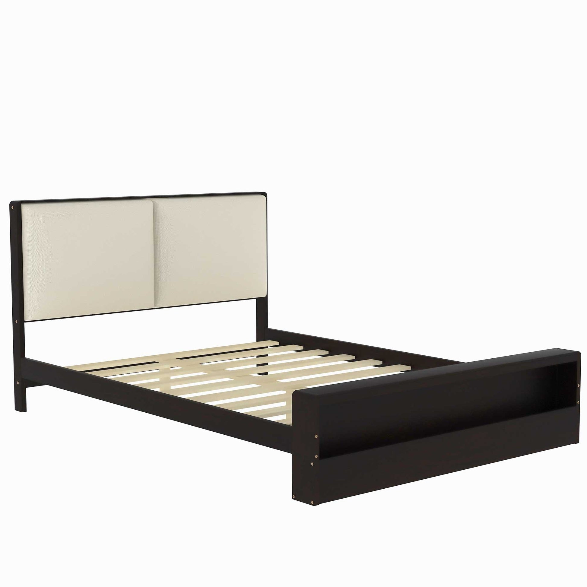 Queen Size Platform Bed Frame with Upholstery Headboard and Bookshelf in Footboard and LED Light Strips, Espresso - Tampa Home & Garden Store