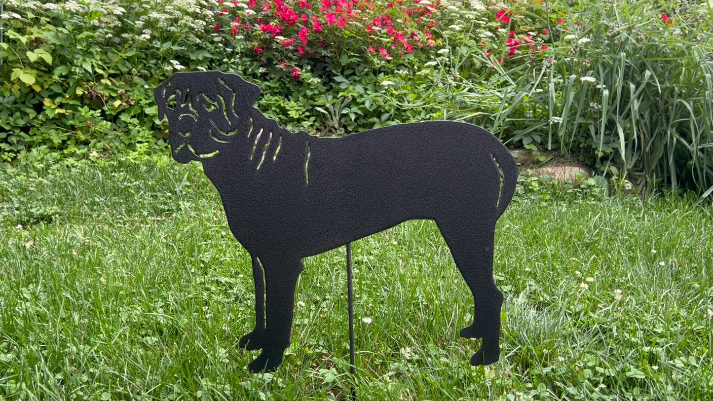 Bullmastiff garden stake silhouette in black metal, rustic finish yard decor on Tampa Home & Garden Store