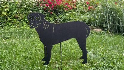 Bullmastiff garden stake silhouette in black metal, rustic finish yard decor on Tampa Home & Garden Store
