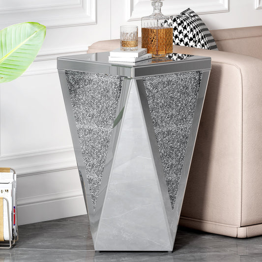 U-Can 13.8'' Silver Square Mirrored End Table, Modern Side Table with Crushed Diamond for Living Room, No Assembly Required - Tampa Home & Garden Store