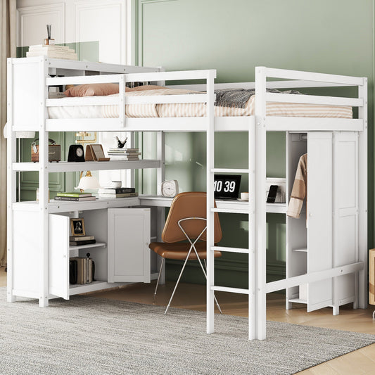 Wood Loft Bed with Cabinet and Bookshelf, Full Size Loft with Wardrobe and Desk for Kids,White - Tampa Home & Garden Store
