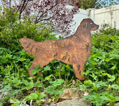 Golden Retriever garden statue made of rusted metal by Rustica Ornamentals on Tampa Home & Garden Store