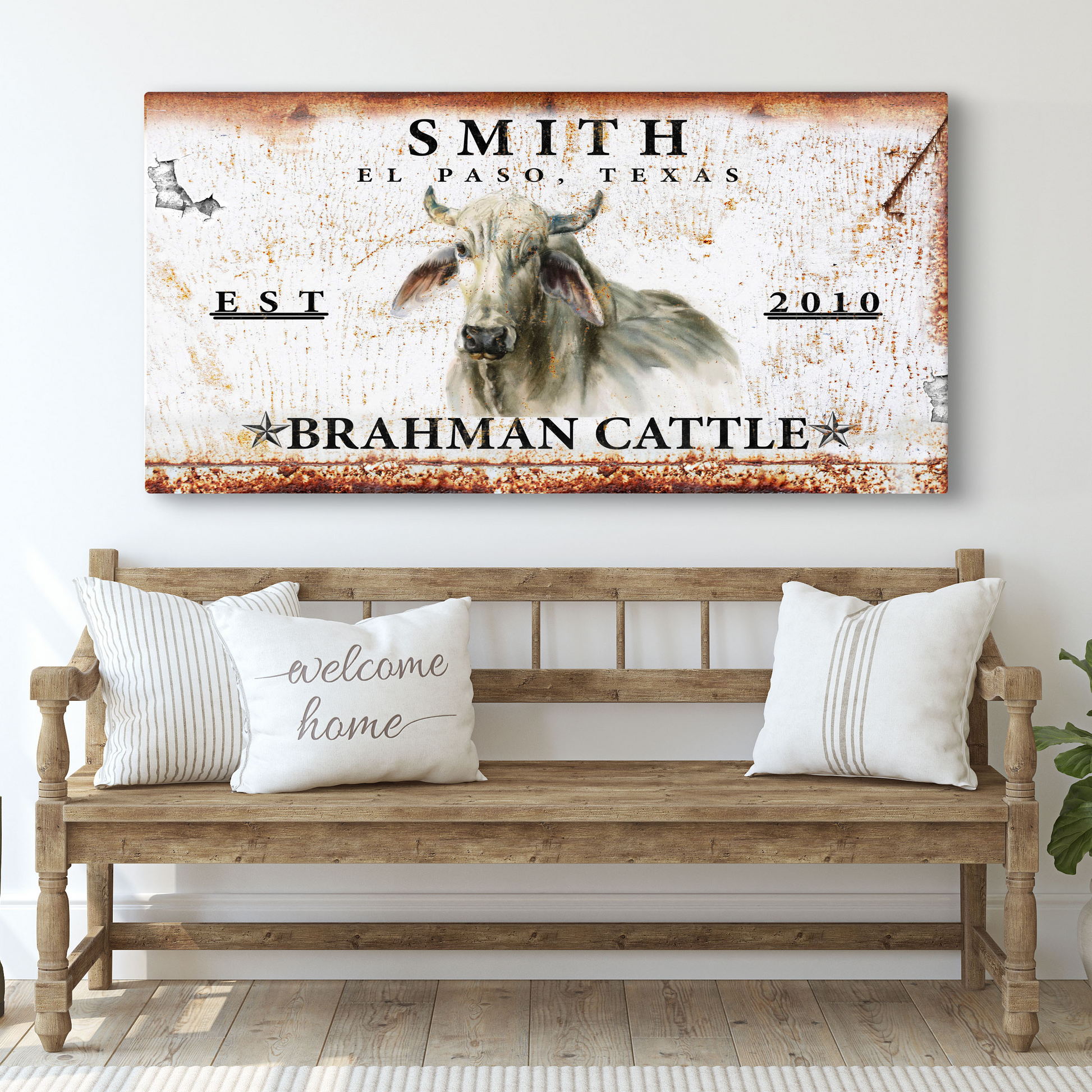 Brahman Cattle Sign canvas by Tailored Canvases with rustic white and rust finish on Tampa Home & Garden Store