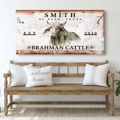 Brahman Cattle Sign canvas by Tailored Canvases with rustic white and rust finish on Tampa Home & Garden Store