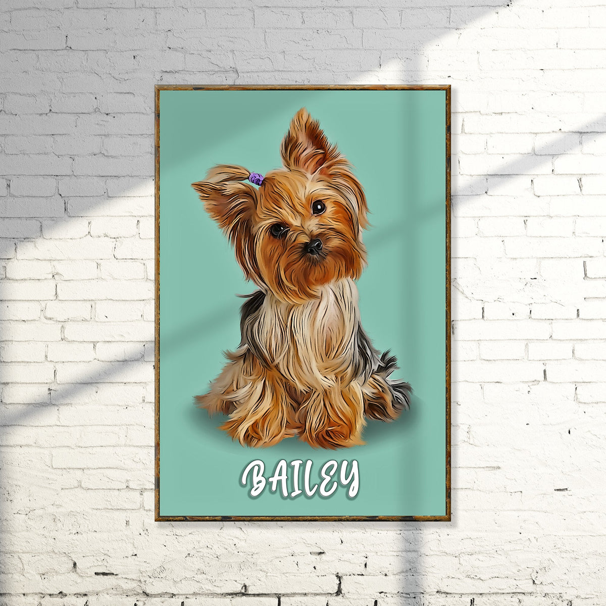 Yorkshire Terrier pastel portrait canvas sign by Tailored Canvases, teal backdrop, wooden frame on Tampa Home & Garden Store