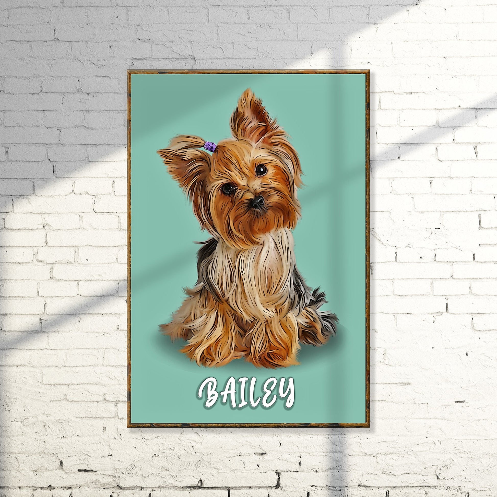 Yorkshire Terrier pastel portrait canvas sign by Tailored Canvases, teal backdrop, wooden frame on Tampa Home & Garden Store