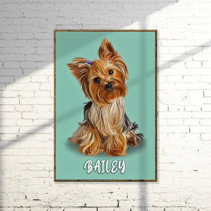 Yorkshire Terrier pastel portrait canvas sign by Tailored Canvases, teal backdrop, wooden frame on Tampa Home & Garden Store
