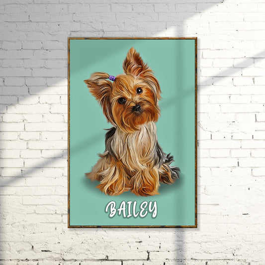 Yorkshire Terrier pastel portrait canvas sign by Tailored Canvases, teal backdrop, wooden frame on Tampa Home & Garden Store