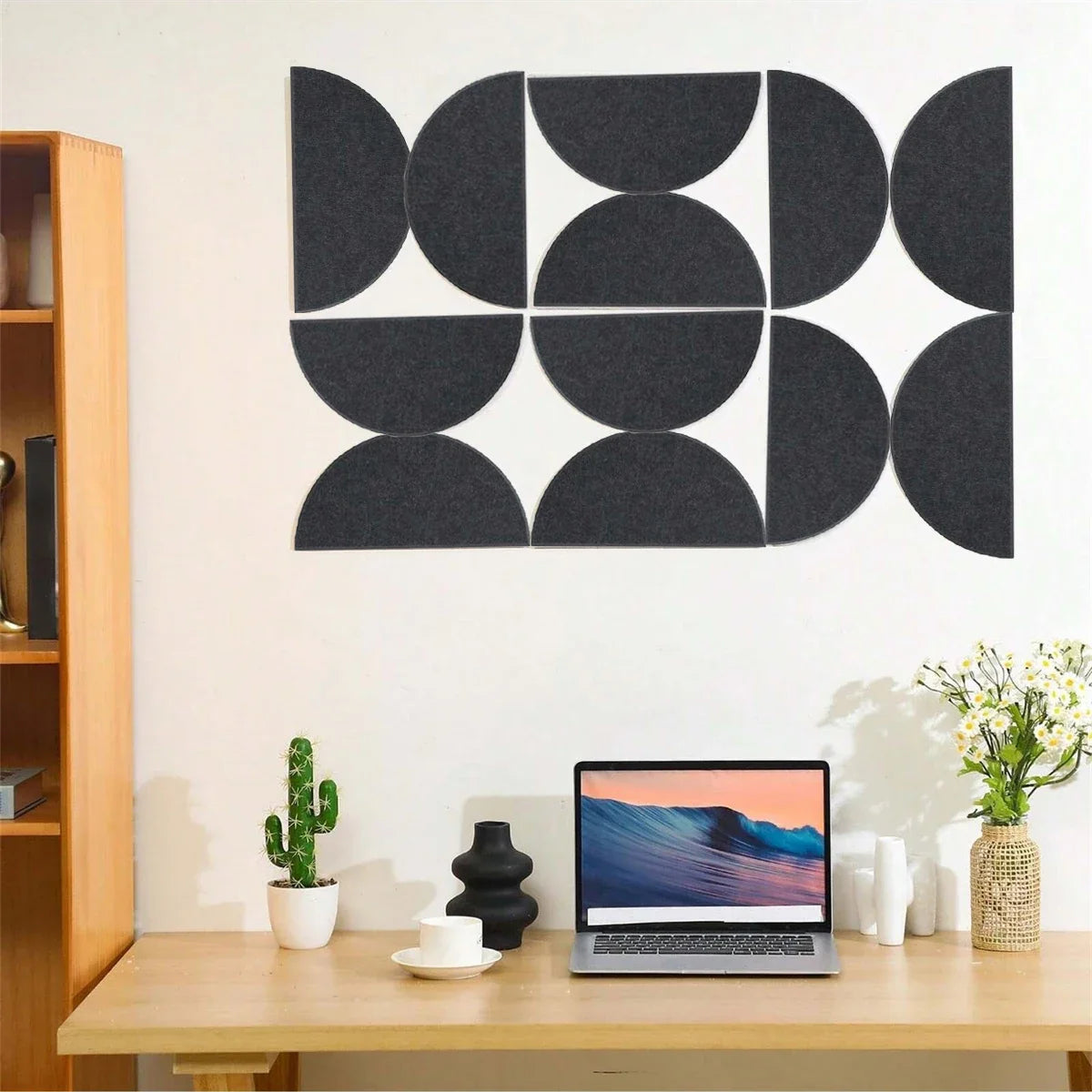 Perfecsy 12pc black semicircular felt wall panels with self-adhesive backs for modern decor on Tampa Home & Garden Store