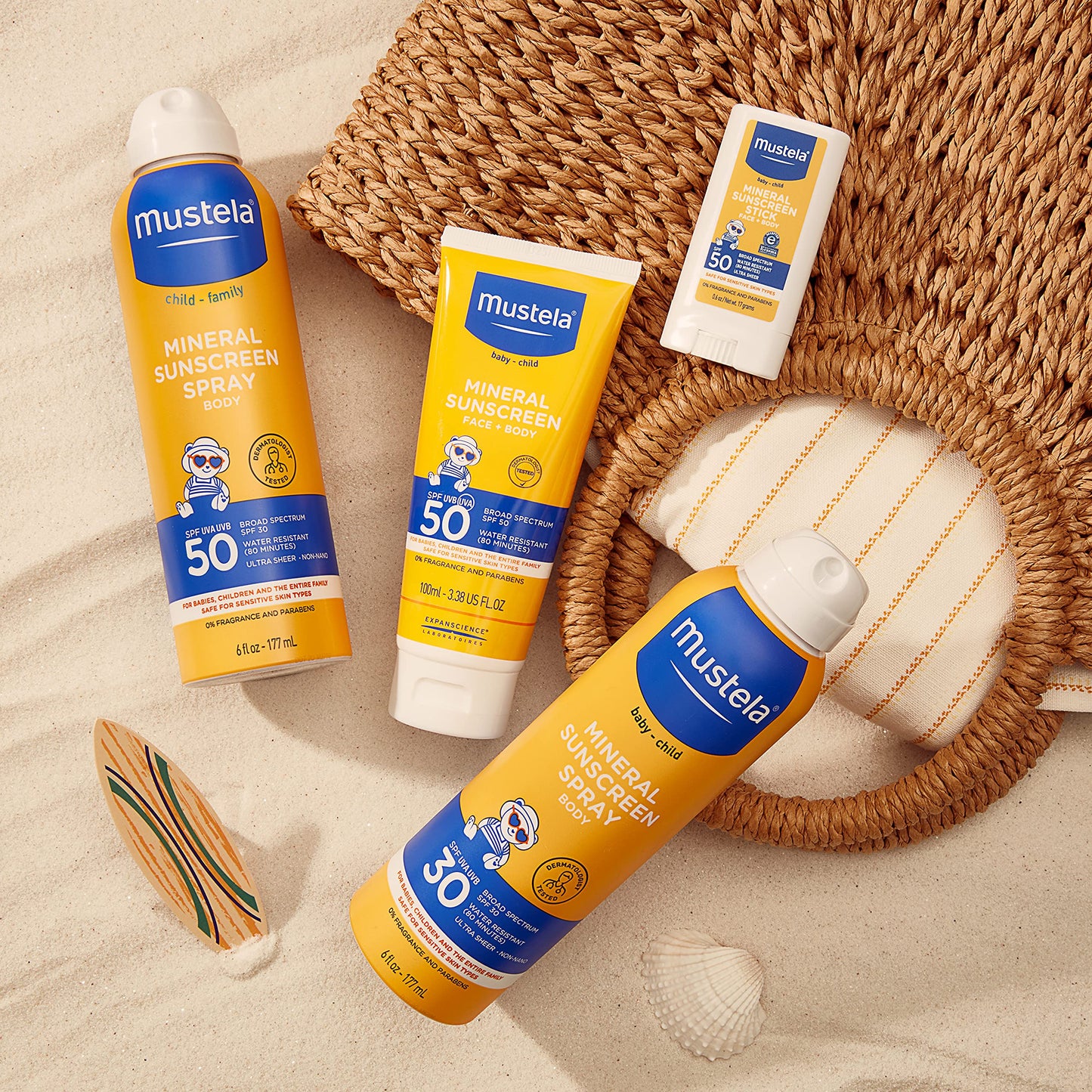 Mustela SPF50+ sunscreen trio for sensitive skin, water-resistant, baby-friendly packaging on Tampa Home & Garden Store
