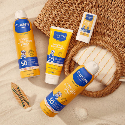 Mustela SPF50+ sunscreen trio for sensitive skin, water-resistant, baby-friendly packaging on Tampa Home & Garden Store