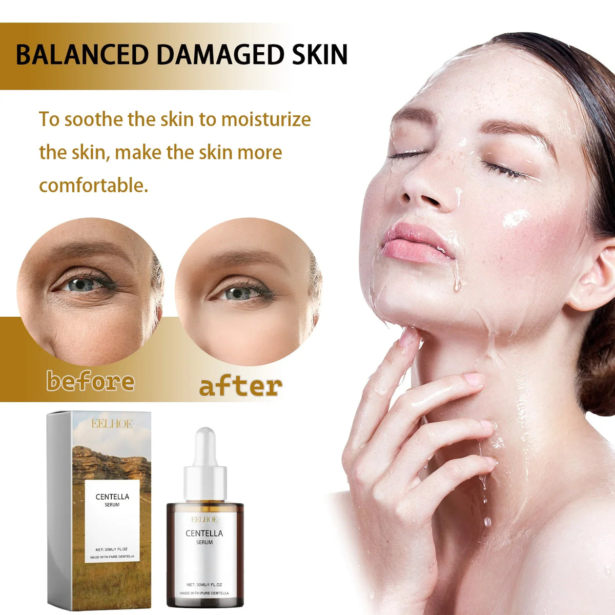 Centella Asiatica Skin Serum by Silcy Skin – amber dropper bottle with box, model's dewy skin on Tampa Home & Garden Store