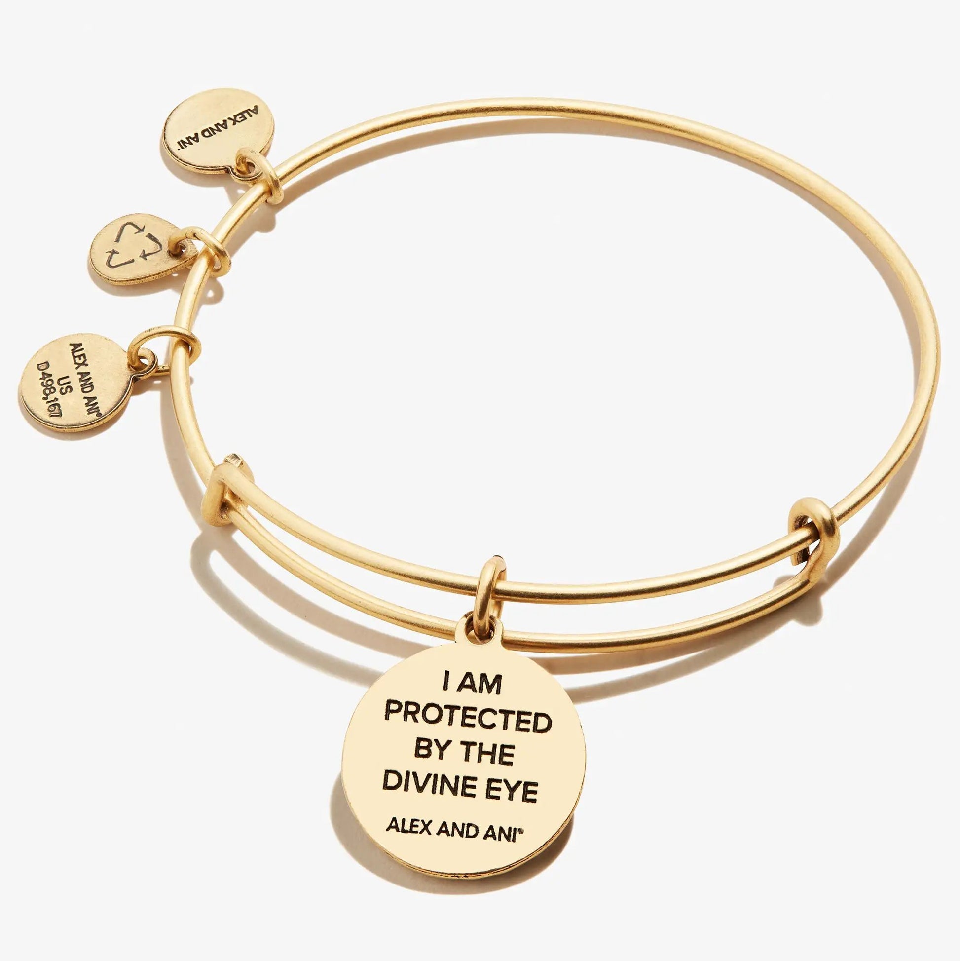 Gold-tone Alex and Ani Evil Eye Sodalite Charm Bangle bracelet with engraved round charms on Tampa Home & Garden Store