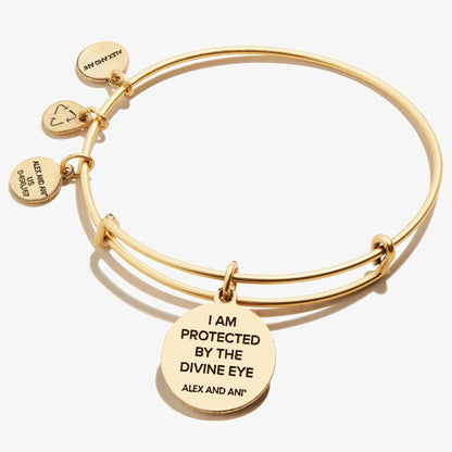 Gold-tone Alex and Ani Evil Eye Sodalite Charm Bangle bracelet with engraved round charms on Tampa Home & Garden Store