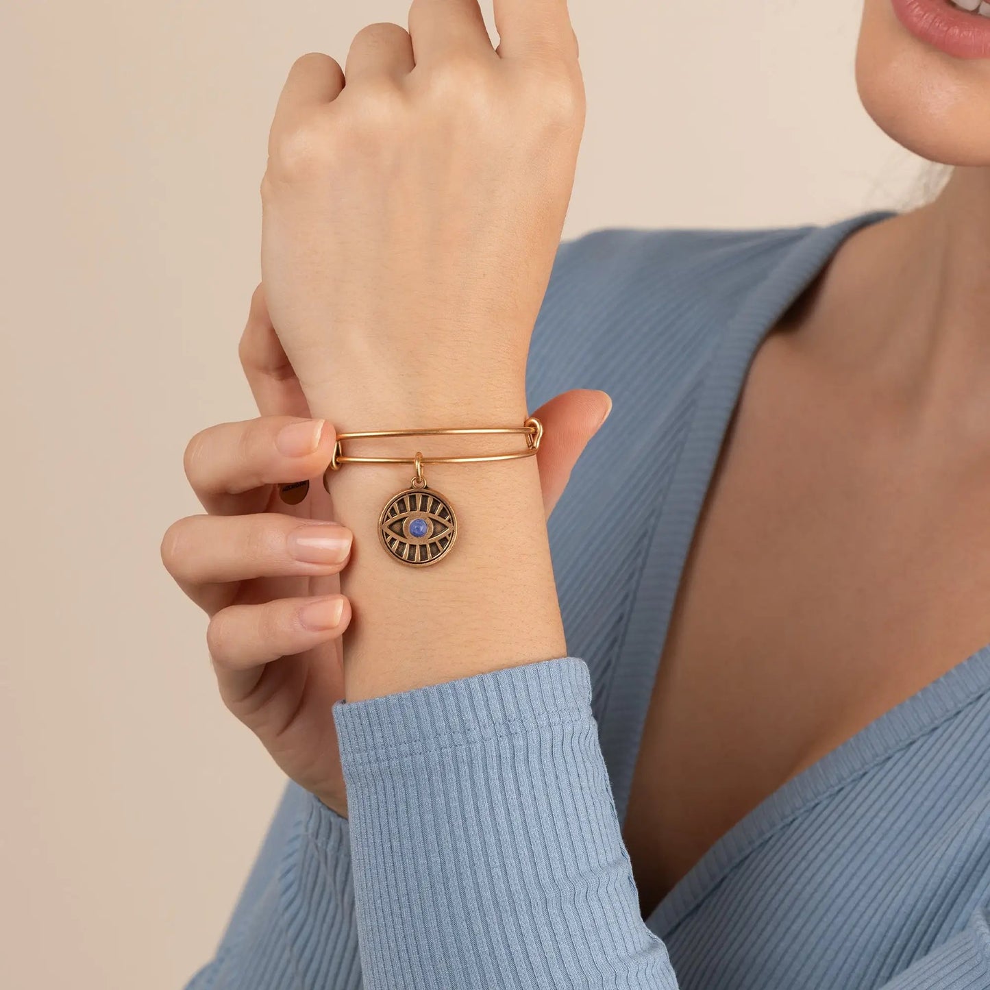 Evil Eye Sodalite Charm Bangle by Alex and Ani, copper-tone bracelet with eye pendant on Tampa Home & Garden Store