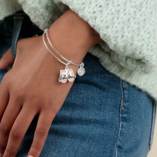 Fabulous 50 charm bangle by Alex Ani, silver bracelet with pink 50 charm and other charms on Tampa Home & Garden Store
