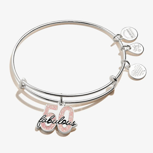 Fabulous 50 charm bangle by Alex and Ani with pink speckled 50 charm and round charms on Tampa Home & Garden Store