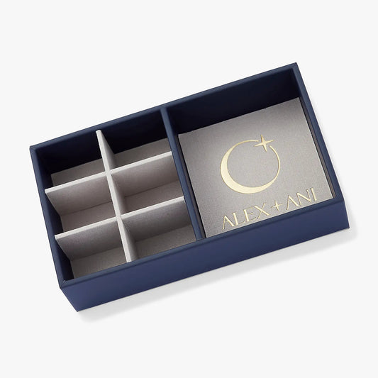 Jewelry storage tray by Alex and Ani in navy box with beige fabric insert and compartments on Tampa Home & Garden Store