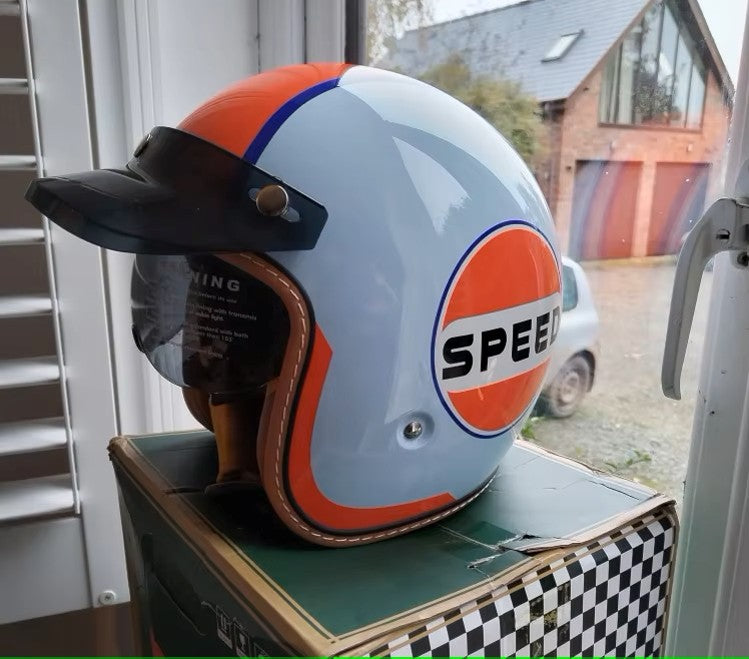 Street King open-face helmet DOT & ECE approved in light blue with orange trim SPEED logo on Tampa Home & Garden Store